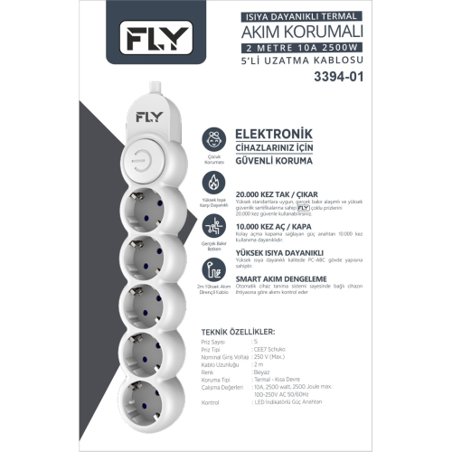 FLY%203394-01,%205%20Soket,%20Akım%20Korumalı%20Priz,%202.1A,%20Anahtarlı,%202Mt%20Kablo,%20(Beyaz)