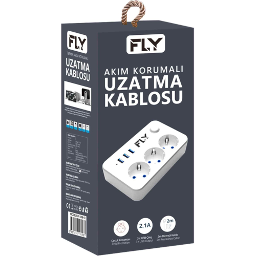 FLY%203406-01,%203%20Soket,%203%20USB,%20Akım%20Korumalı%20Priz,%202.1A,%20Anahtarlı,%202Mt%20Kablo,%20(Beyaz)