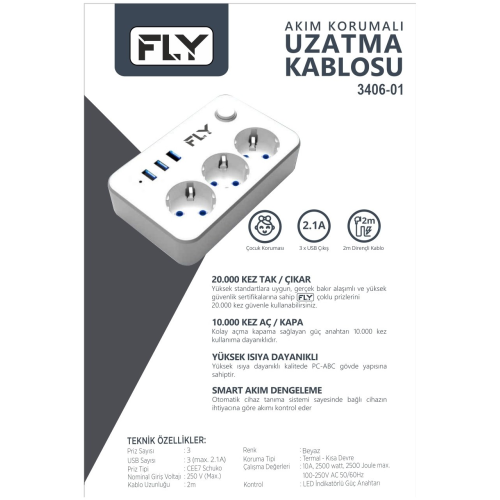 FLY%203406-01,%203%20Soket,%203%20USB,%20Akım%20Korumalı%20Priz,%202.1A,%20Anahtarlı,%202Mt%20Kablo,%20(Beyaz)