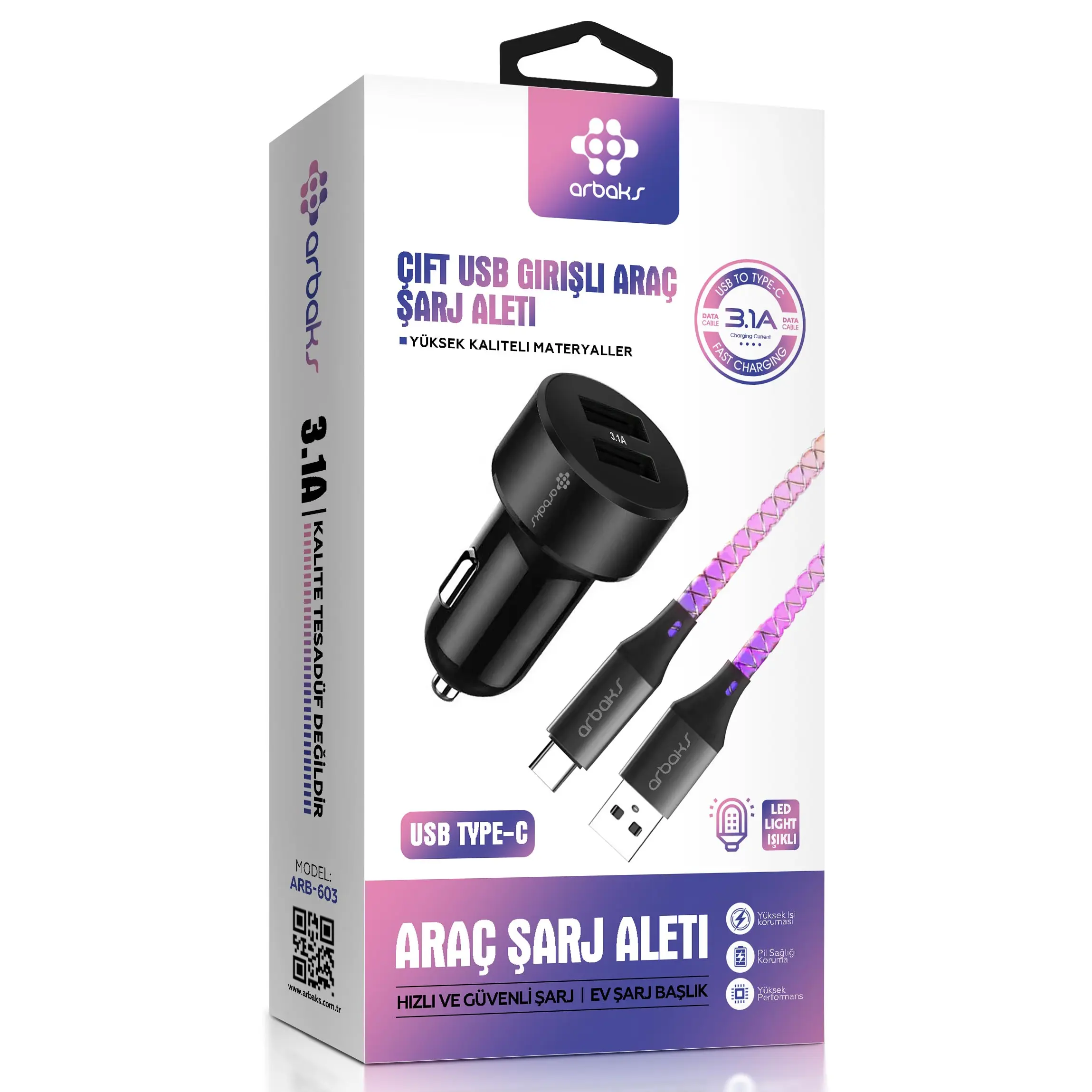 RGB%20Işıklı%203.1A%20Çift%20Usb%20Girişli%20(Type-C)%20Araç%20Şarj%20Aleti%20Arbaks%20Arb-603