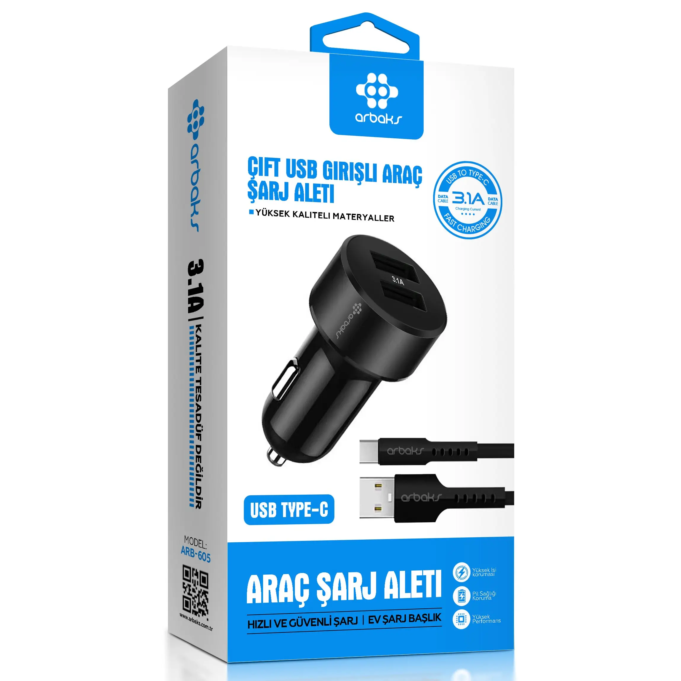 3.1A%20Çift%20Usb%20Girişli%20(Type-c)%20Kablolu%20Araç%20Şarj%20Aleti%20Arbaks%20ARB-605