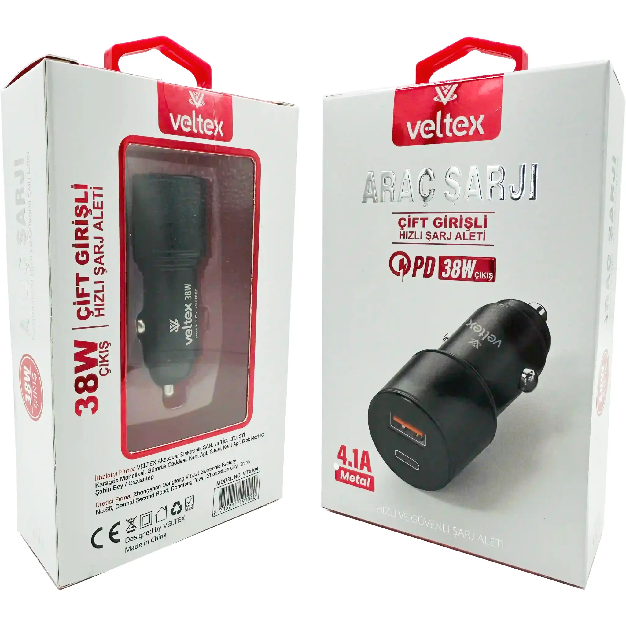 4.1A%2038W%20PD%20+%20QC3.0%20USB%20Hızlı%20Araç%20Şarj%20Metal%20Başlığı%20Veltex%20VTX104