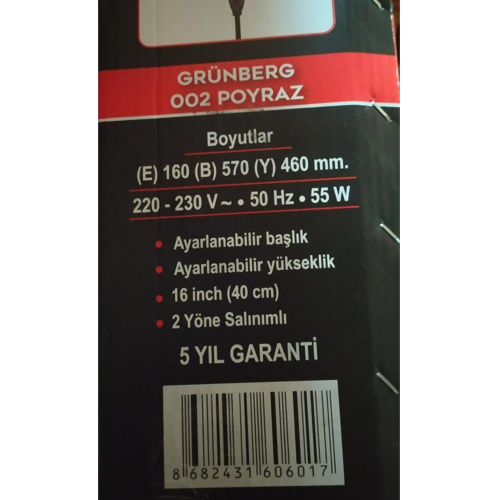 Grünberg%20002%20POYRAZ,%20DF%2016%20TX,%202%20Kademeli%20Hız,%2040cm%20Pervane%20ve%20Çerçeve,%20Otomatik%20Salınım,%20Yükseklik%20Ayarlı%20Vantilatör