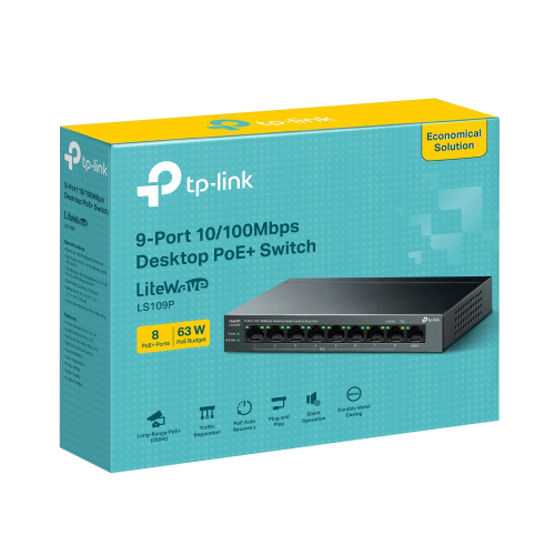 TP-LINK%20LS109P,%20Green%20Tech,%209%20Port%20MegaBit,%208%20Port%20POE,%2063W,%20Yönetilemez,%20Metal%20Kasalı%20Switch