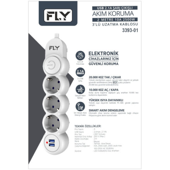 FLY 3393-01, 3 Soket, 2 USB, Akım Korumalı Priz, 2.1A, Anahtarlı, 2Mt Kablo, (Beyaz)