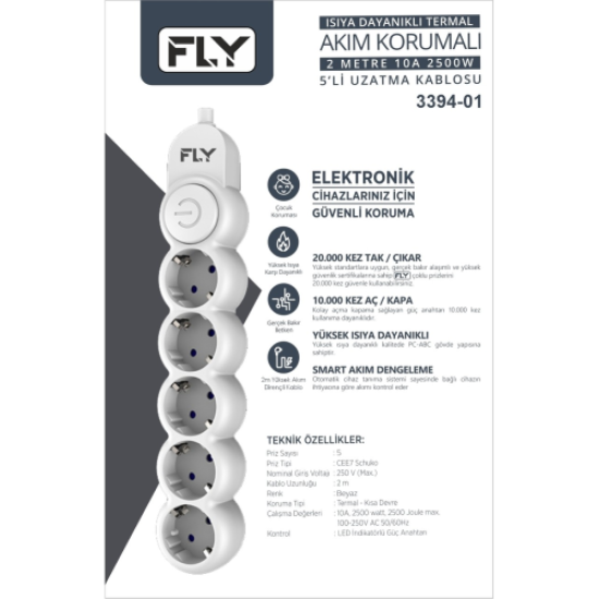 FLY 3394-01, 5 Soket, Akım Korumalı Priz, 2.1A, Anahtarlı, 2Mt Kablo, (Beyaz)