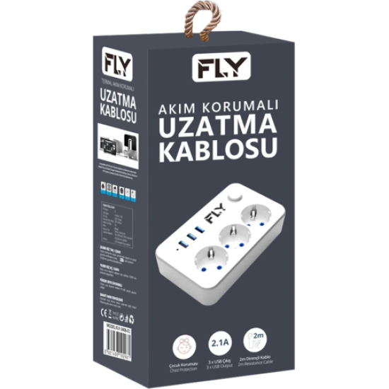 FLY 3406-01, 3 Soket, 3 USB, Akım Korumalı Priz, 2.1A, Anahtarlı, 2Mt Kablo, (Beyaz)