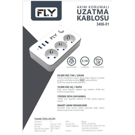 FLY 3406-01, 3 Soket, 3 USB, Akım Korumalı Priz, 2.1A, Anahtarlı, 2Mt Kablo, (Beyaz)