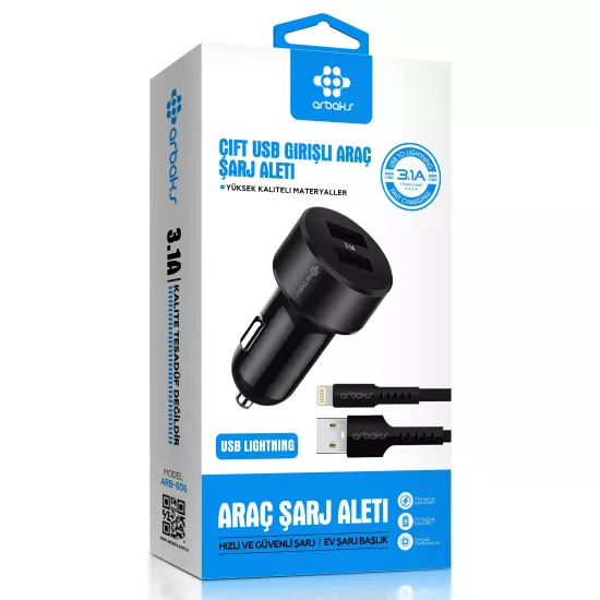 3.1A Çift Usb Girişli (iphone) Kablolu Araç Şarj Aleti Arbaks ARB-606