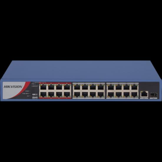 HIKVISION DS-3E0326P-E/M(B), 24 Port, MegaBit, 24 Port PoE, 250W, +1 Port GigaBit Uplink, +1 Port GigaBit SFP, Yönetilemez, Rack Mount Switch