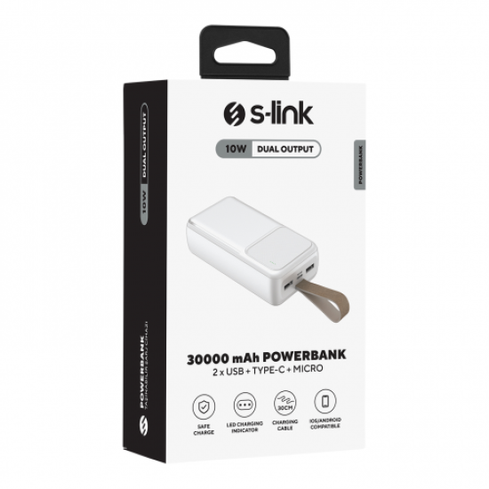 S-LINK G310, Beyaz, 30.000mAh, 2xUSB, 1xType-C, 4 LED Göstergeli, PowerBank