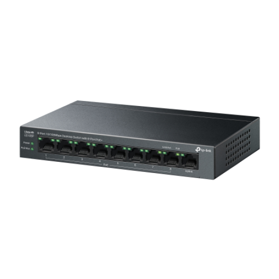 TP-LINK LS109P, Green Tech, 9 Port MegaBit, 8 Port POE, 63W, Yönetilemez, Metal Kasalı Switch