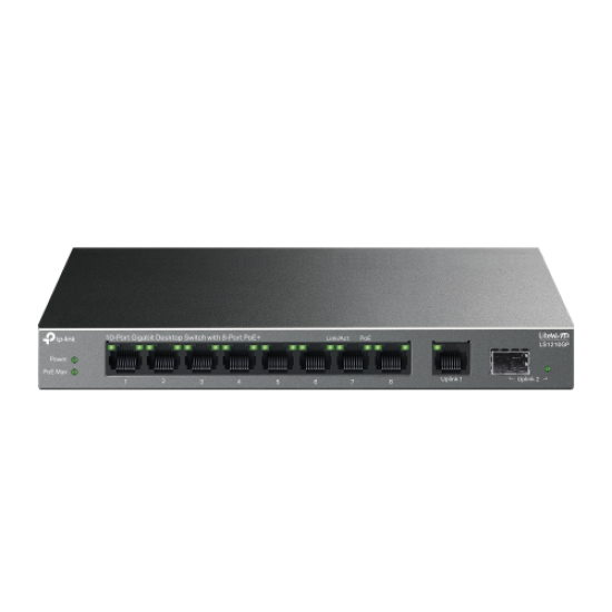 TP-LINK LS1210GP, Green Tech, 10 port Gigabit, 9 Port POE, +1 Port Gigabit SFP, 61W, Yönetilemez Masaüstü Switch