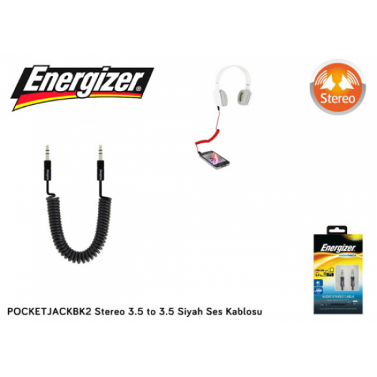 Energizer POCKETJACBK2, 1.5mt, Stereo, 3.5 TO 3.5 Siyah, Spiral, Ses Kablosu