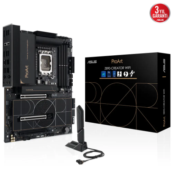 ASUS PROART Z890-CREATOR WIFI, 9066MHz OC, 4xDDR5 5x M.2, HDMI, DP, Type-C, Wi-Fi 7, Bluetooth 5.4, Intel Core Ultra CPU(Seri 2), LGA1851 Soket, Anakart