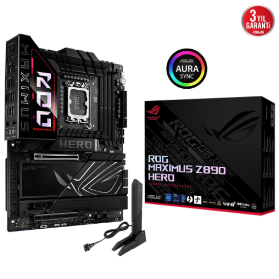 ASUS ROG MAXIMUS Z890 HERO, 8800MHz, 4xDDR5,  6x M.2, HDMI, 2xThunderbolt, 4xType-C, Wi-Fi 7, Bluetooth 5.4, Intel Core Ultra CPU(Seri 2), LGA1851 Soket, Gaming Anakart