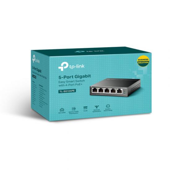 TP-LINK TL-SG105PE, 5 Port, GigaBit, Metal Kasa, 4 Port Poe, 65W, Easy Smart, Yönetilebilir, Masaüstü Switch