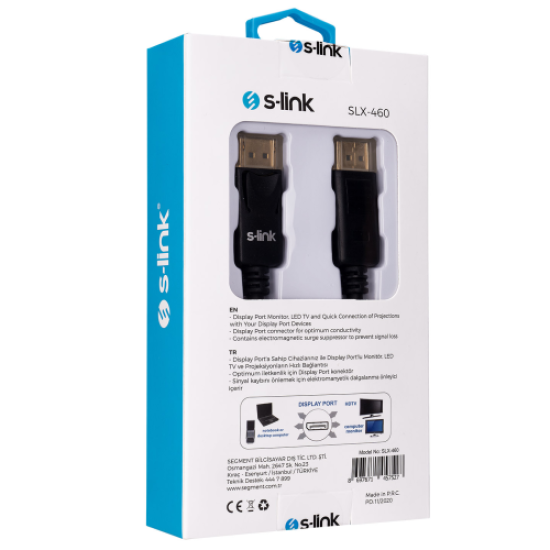 S-LINK SLX-460, Display Port (DP) Kablo, İki ucu Erkek, 1.5 Metre