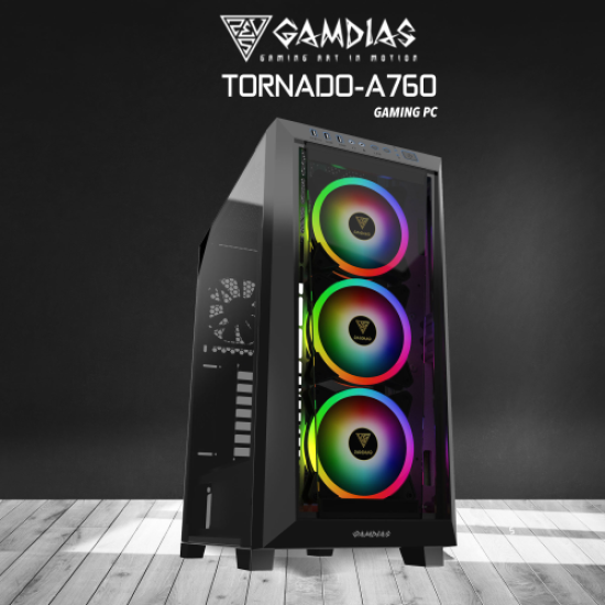 GAMDIAS TORNADO-A760, RYZEN 5 7600, 16Gb DDR5 Ram, 500Gb NVMe SSD, 8Gb GDDR6 RTX4060 Ekran Kartı, 1600W Kasa, Free Dos GAMING PC
