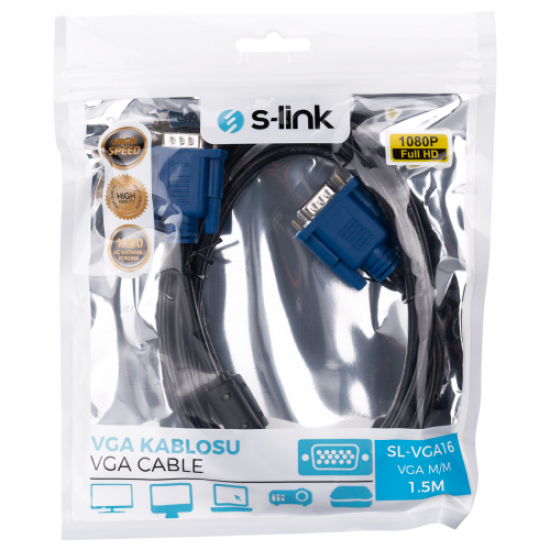 S-LINK SL-VGA16, 15Pin, İki Ucu Erkek, 1.5mt, VGA Kablosu