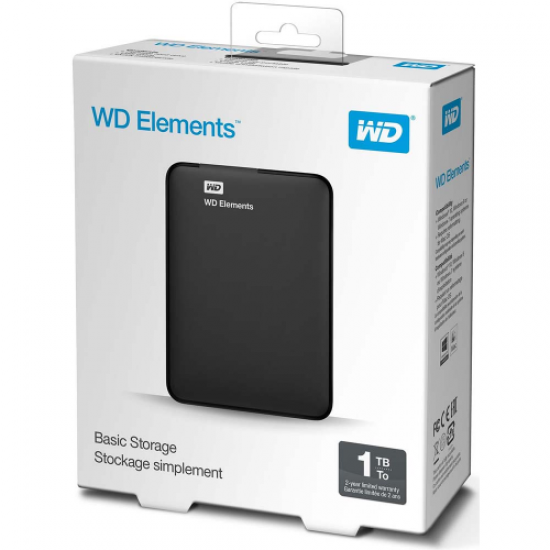 WD WDBUZG0010BBK-WESN, Elements, 1TB, 2.5’’, USB3.0, Taşınabilir, Harici HDD, Siyah